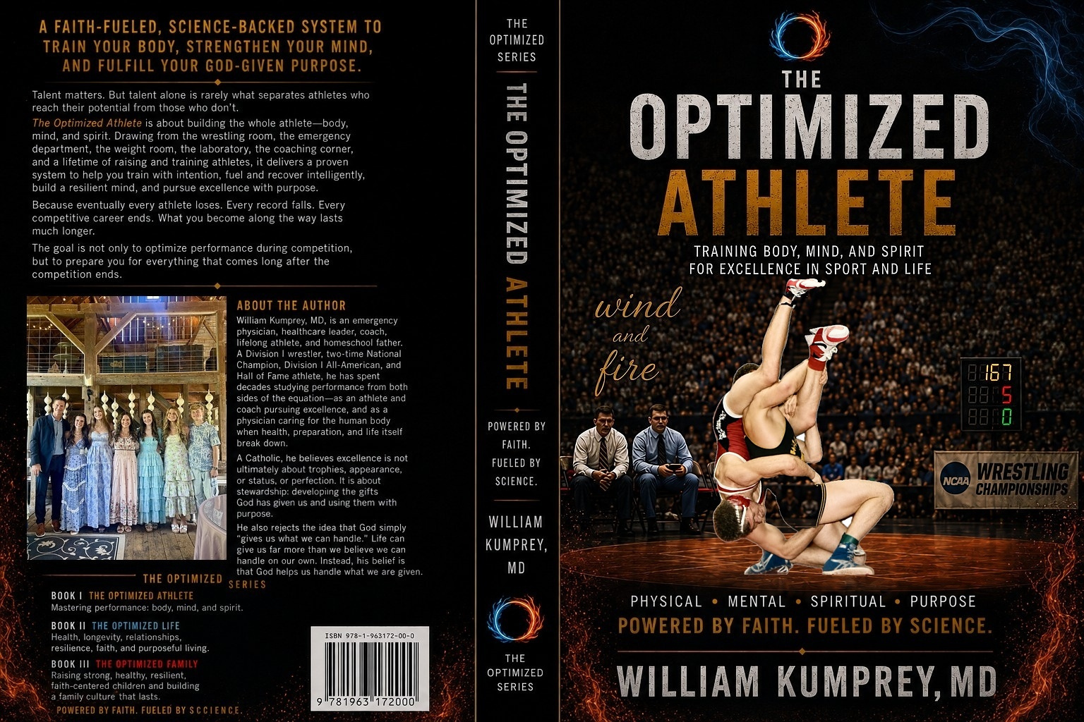 Full book jacket for The Optimized Athlete by William Kumprey, MD, featuring the author's authentic collegiate wrestling photograph